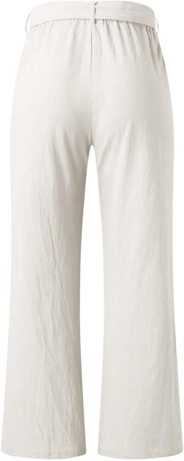 YOLAI Womens Button Down Cotton Linen Pant High Waist Casual Business Work Trousers Summer Lightweight Wide Leg Trousers