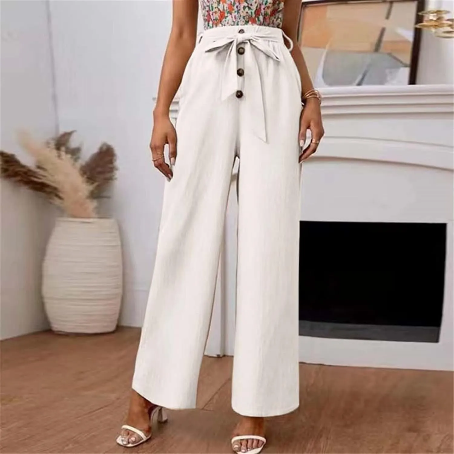 YOLAI Womens Button Down Cotton Linen Pant High Waist Casual Business Work Trousers Summer Lightweight Wide Leg Trousers