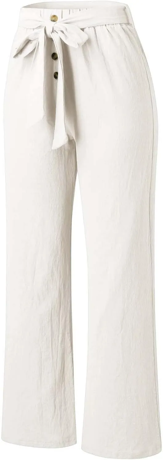 YOLAI Womens Button Down Cotton Linen Pant High Waist Casual Business Work Trousers Summer Lightweight Wide Leg Trousers