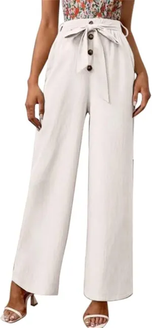 YOLAI Womens Button Down Cotton Linen Pant High Waist Casual Business Work Trousers Summer Lightweight Wide Leg Trousers