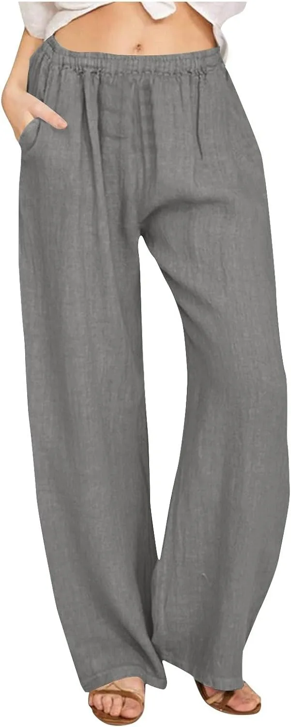 YRAETENM Cotton Linen Pants Women Summer Elastic High Waist Wide Leg Palazzo Pants Casual Loose Comfy Beach Lounge Trousers