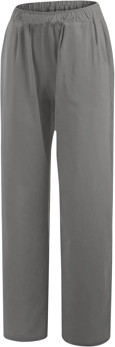 YRAETENM Cotton Linen Pants Women Summer Elastic High Waist Wide Leg Palazzo Pants Casual Loose Comfy Beach Lounge Trousers