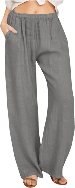 YRAETENM Cotton Linen Pants Women Summer Elastic High Waist Wide Leg Palazzo Pants Casual Loose Comfy Beach Lounge Trousers