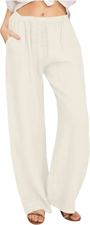 YRAETENM Cotton Linen Pants Women Summer Elastic High Waist Wide Leg Palazzo Pants Casual Loose Comfy Beach Lounge Trousers