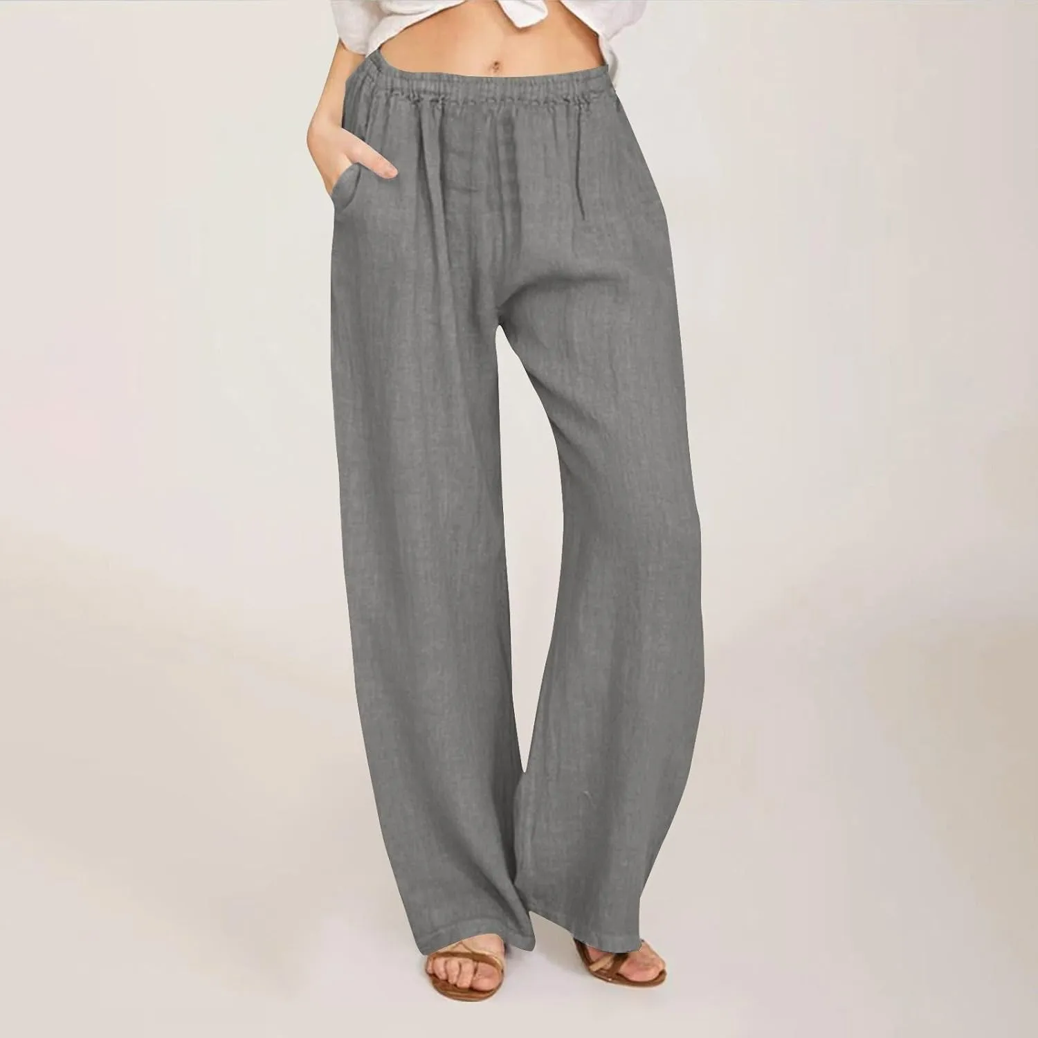 YRAETENM Cotton Linen Pants Women Summer Elastic High Waist Wide Leg Palazzo Pants Casual Loose Comfy Beach Lounge Trousers