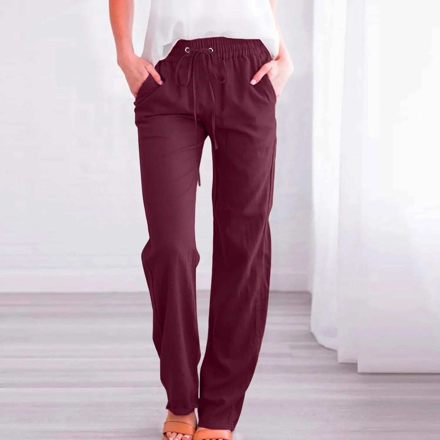 YRAETENM Linen Pants for Women Casual High Waist Drawstring Pants Loose Fit Summer Straight Leg Pants Trousers with Pockets
