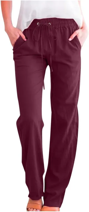 YRAETENM Linen Pants for Women Casual High Waist Drawstring Pants Loose Fit Summer Straight Leg Pants Trousers with Pockets