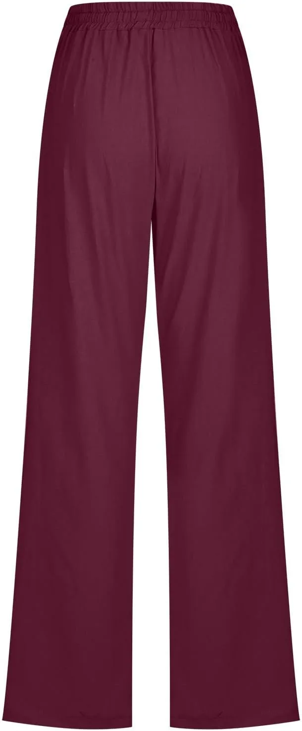 YRAETENM Linen Pants for Women Casual High Waist Drawstring Pants Loose Fit Summer Straight Leg Pants Trousers with Pockets