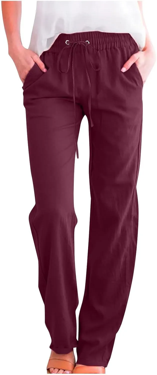 YRAETENM Linen Pants for Women Casual High Waist Drawstring Pants Loose Fit Summer Straight Leg Pants Trousers with Pockets