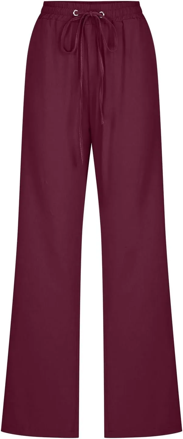 YRAETENM Linen Pants for Women Casual High Waist Drawstring Pants Loose Fit Summer Straight Leg Pants Trousers with Pockets