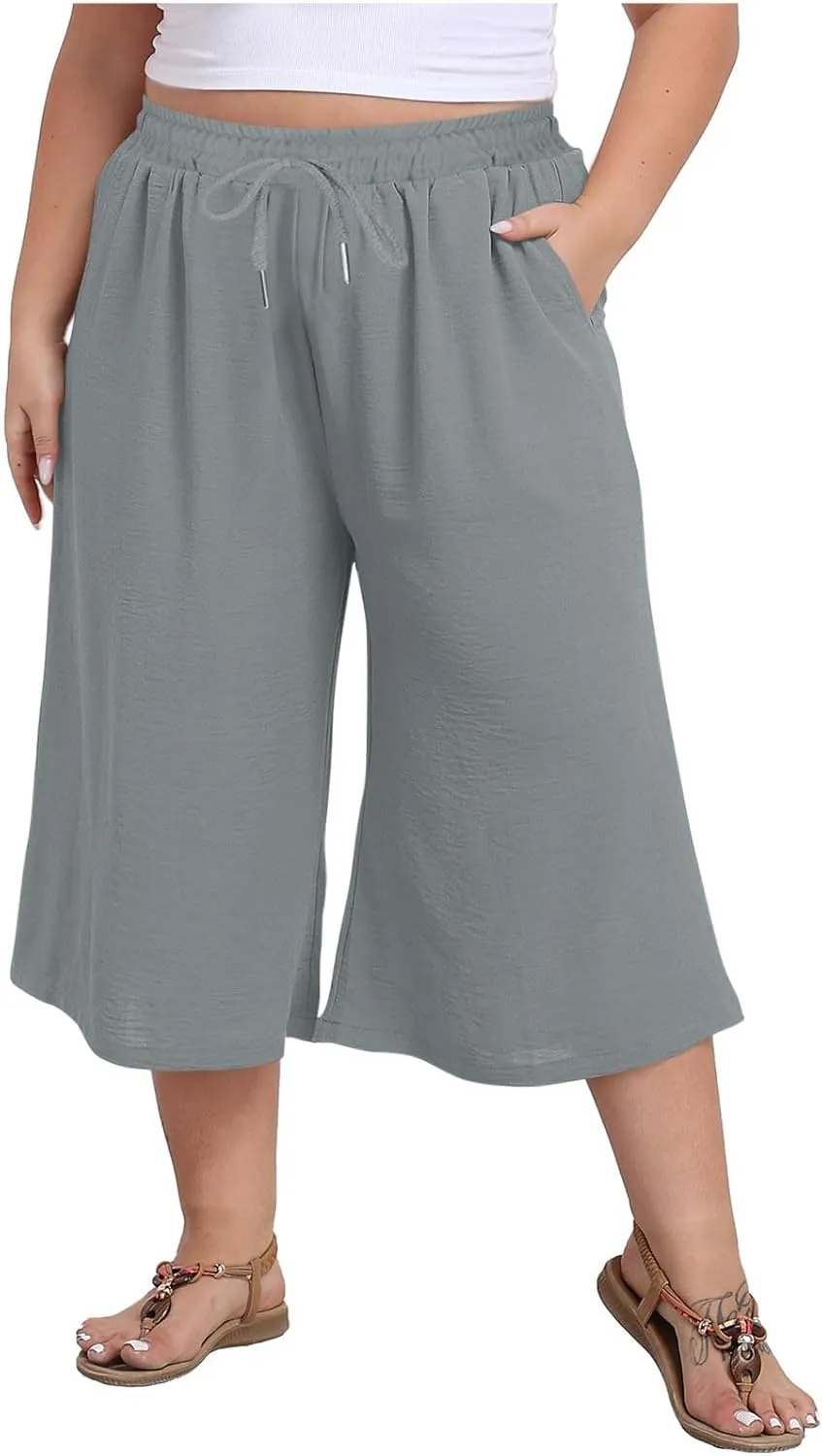 YRAETENM Plus Size Women's Linen Capri Pants Casual High Waisted Drawstring Lounge Trousers Wide Leg Capris with Pockets