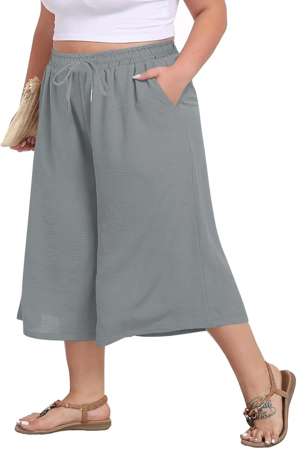 YRAETENM Plus Size Women's Linen Capri Pants Casual High Waisted Drawstring Lounge Trousers Wide Leg Capris with Pockets