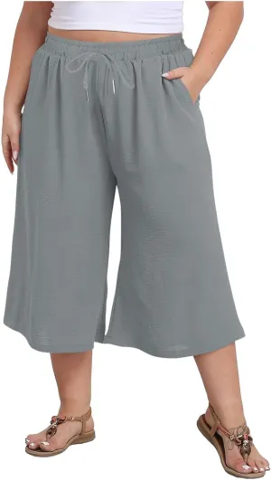 YRAETENM Plus Size Women's Linen Capri Pants Casual High Waisted Drawstring Lounge Trousers Wide Leg Capris with Pockets