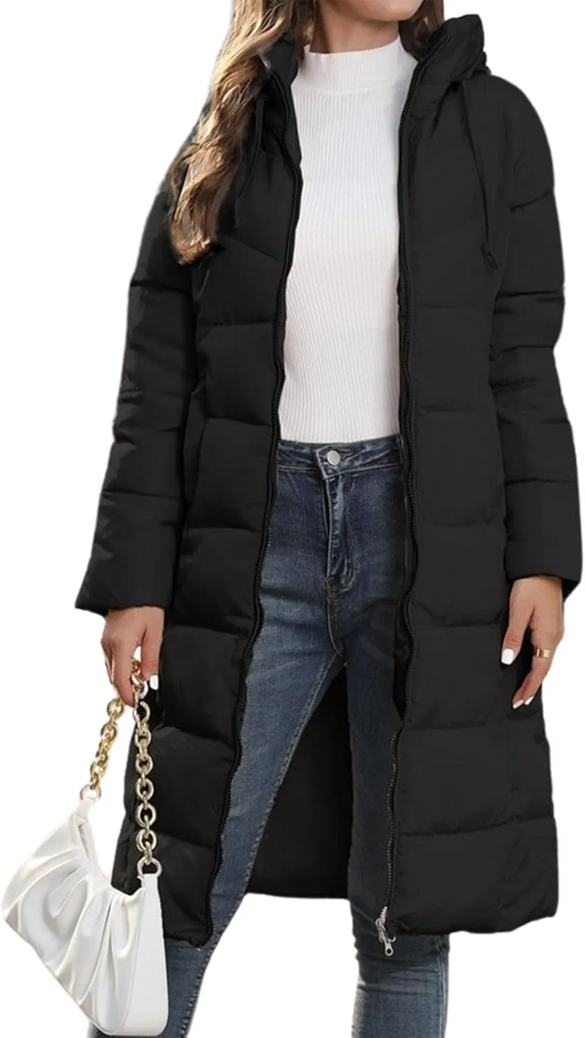 Ytfsrukp Womens Long Down Jackets Quilted Parka Hooded Zip Puffer Jacket Cotton Cover Coat Lightweight Down Winter Jacket