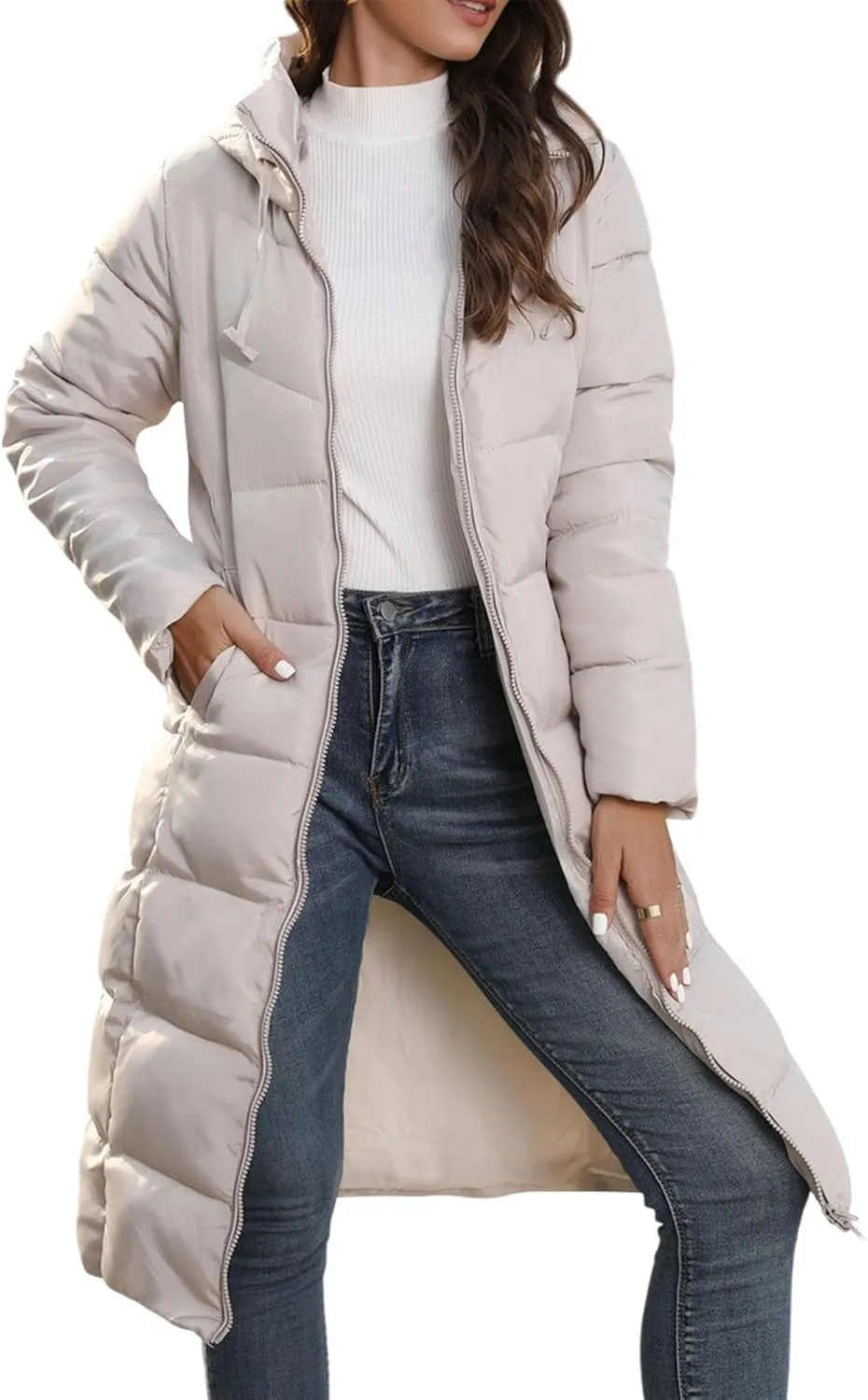 Ytfsrukp Womens Long Down Jackets Quilted Parka Hooded Zip Puffer Jacket Cotton Cover Coat Lightweight Down Winter Jacket