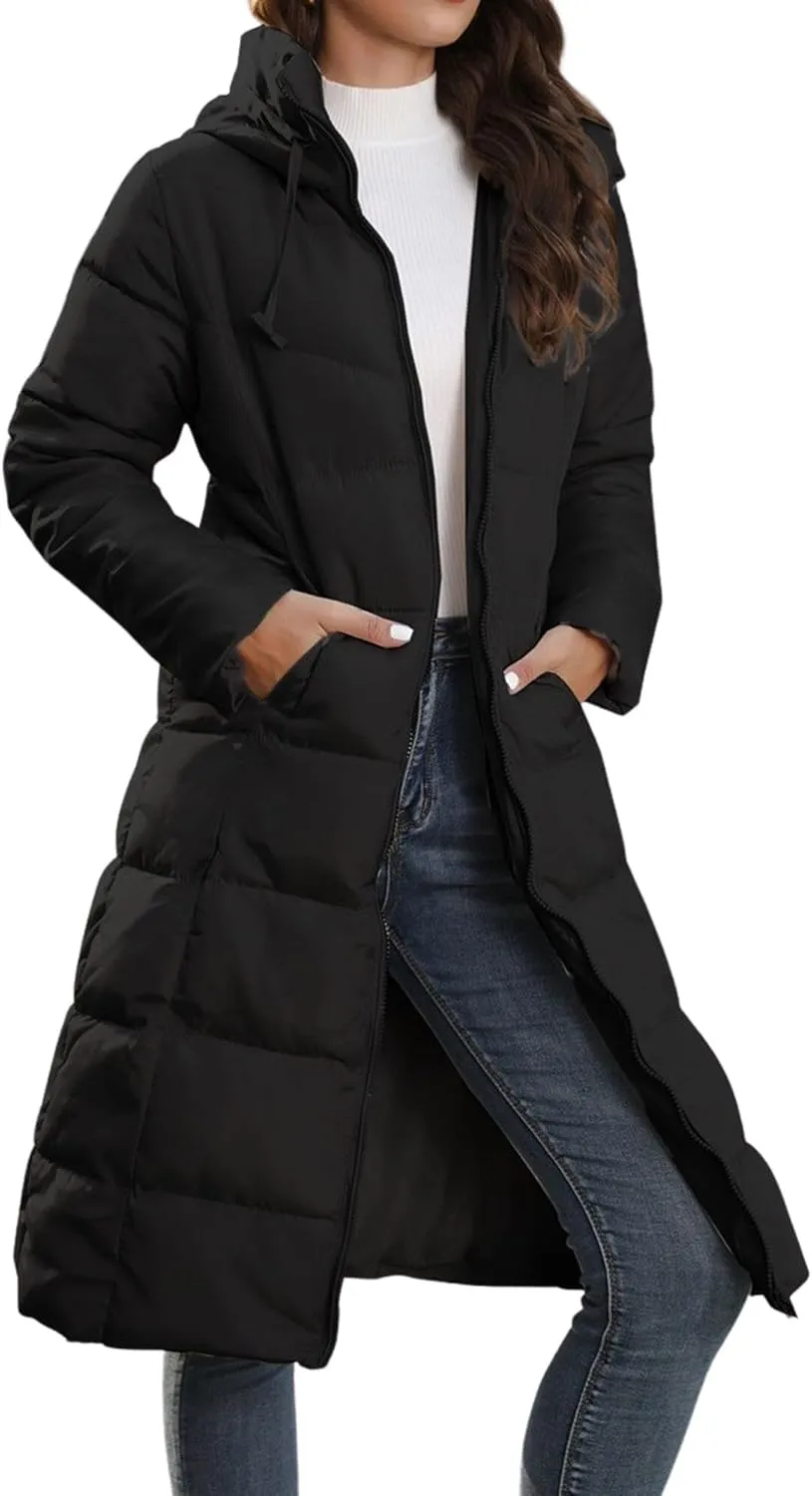 Ytfsrukp Womens Long Down Jackets Quilted Parka Hooded Zip Puffer Jacket Cotton Cover Coat Lightweight Down Winter Jacket