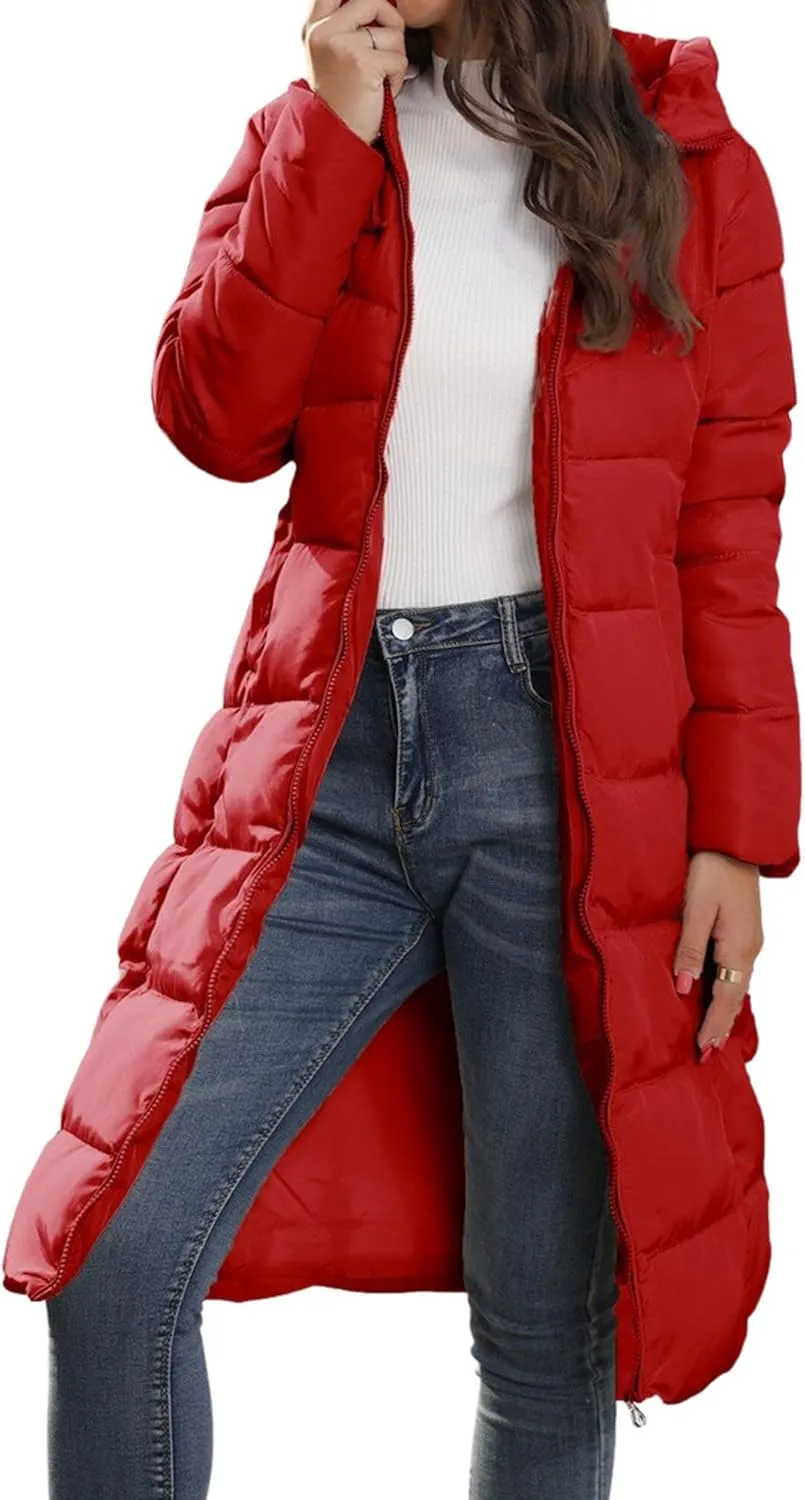 Ytfsrukp Womens Long Down Jackets Quilted Parka Hooded Zip Puffer Jacket Cotton Cover Coat Lightweight Down Winter Jacket
