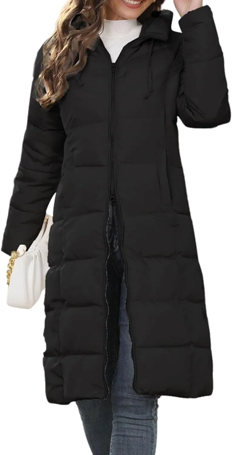 Ytfsrukp Womens Long Down Jackets Quilted Parka Hooded Zip Puffer Jacket Cotton Cover Coat Lightweight Down Winter Jacket