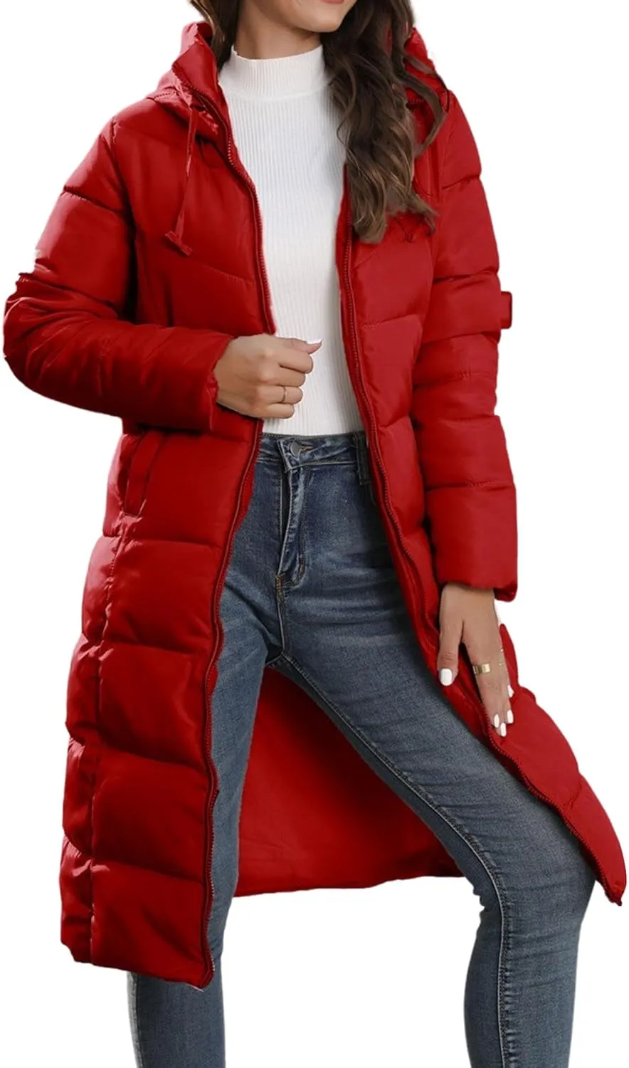 Ytfsrukp Womens Long Down Jackets Quilted Parka Hooded Zip Puffer Jacket Cotton Cover Coat Lightweight Down Winter Jacket