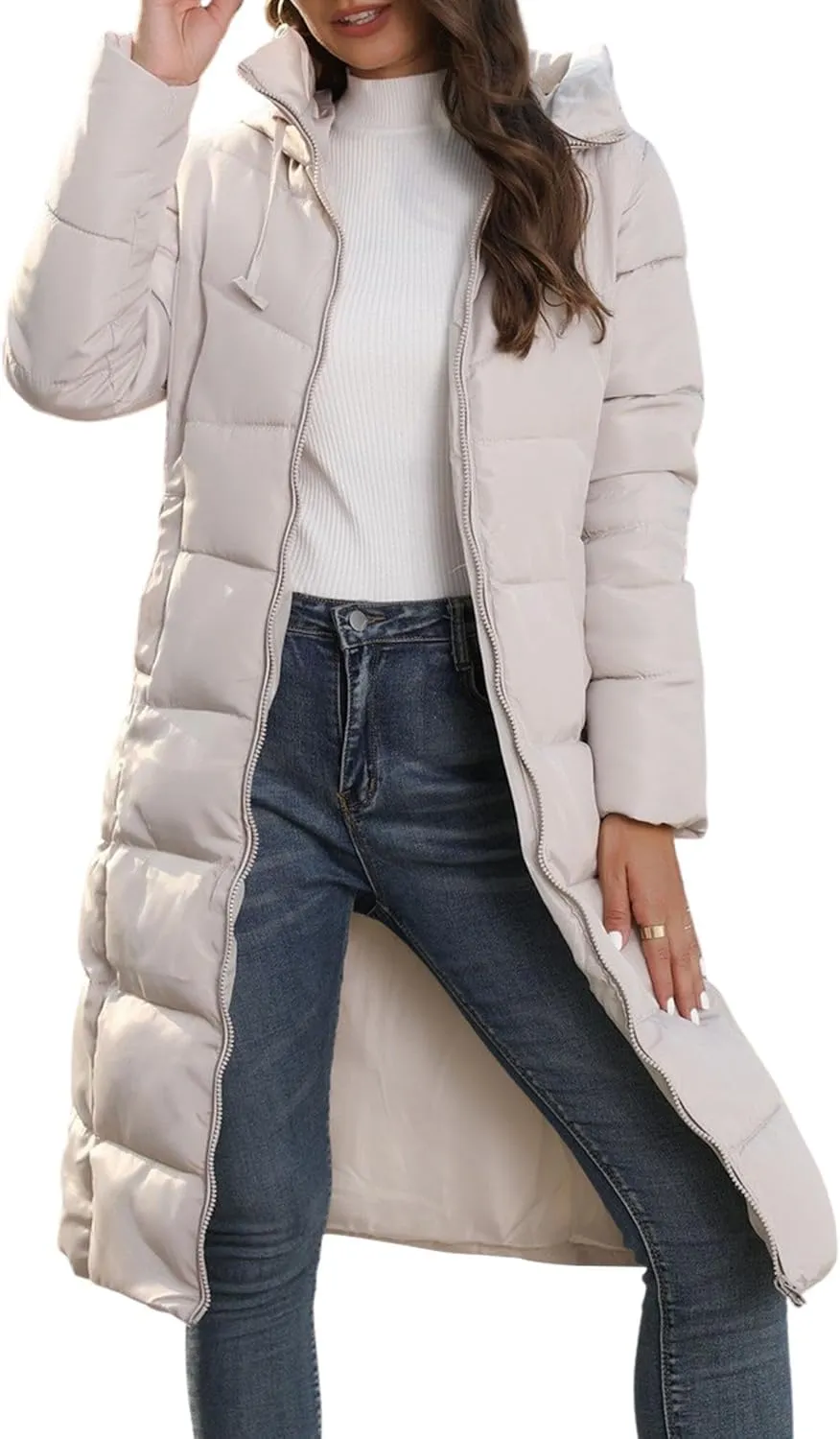 Ytfsrukp Womens Long Down Jackets Quilted Parka Hooded Zip Puffer Jacket Cotton Cover Coat Lightweight Down Winter Jacket