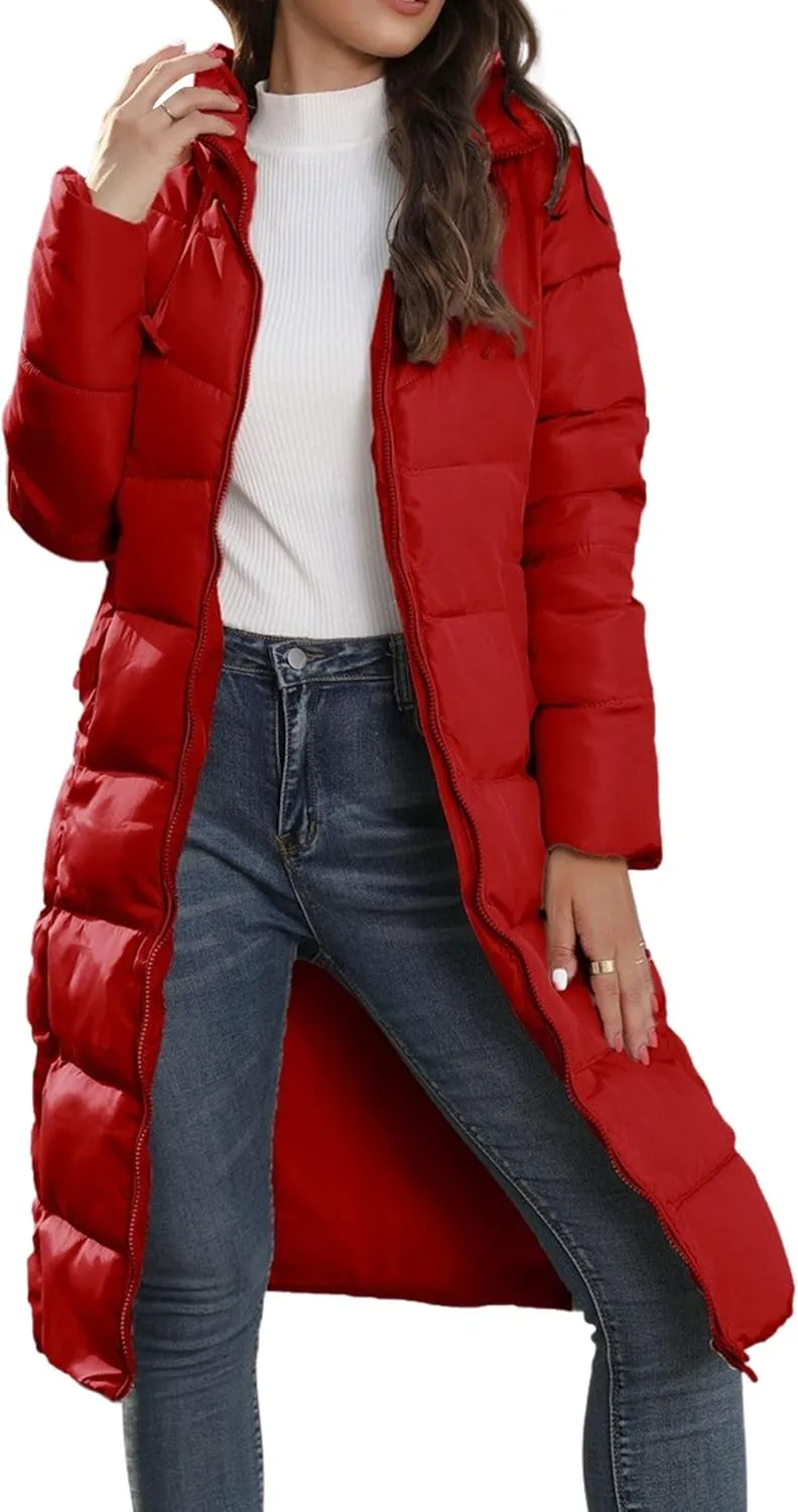 Ytfsrukp Womens Long Down Jackets Quilted Parka Hooded Zip Puffer Jacket Cotton Cover Coat Lightweight Down Winter Jacket