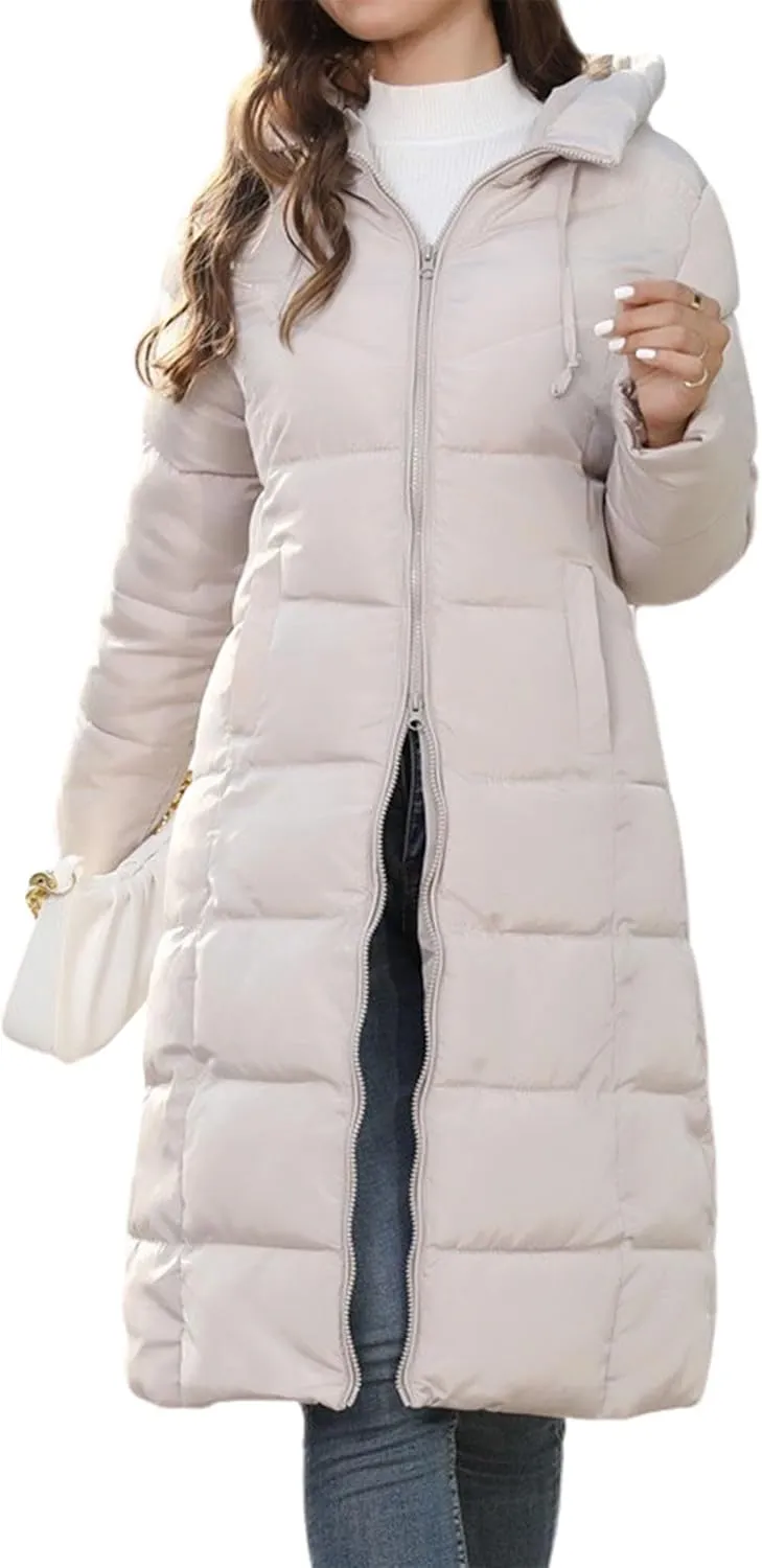 Ytfsrukp Womens Long Down Jackets Quilted Parka Hooded Zip Puffer Jacket Cotton Cover Coat Lightweight Down Winter Jacket