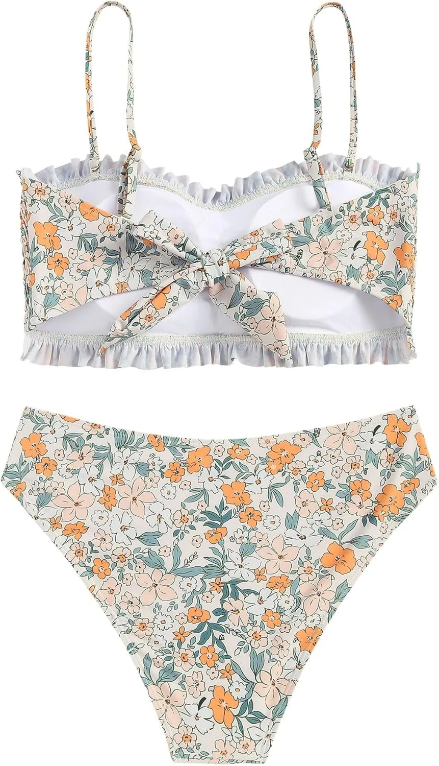 ZAFUL Women's Back tie Camisole top high Waist Panties Print Bikini Set