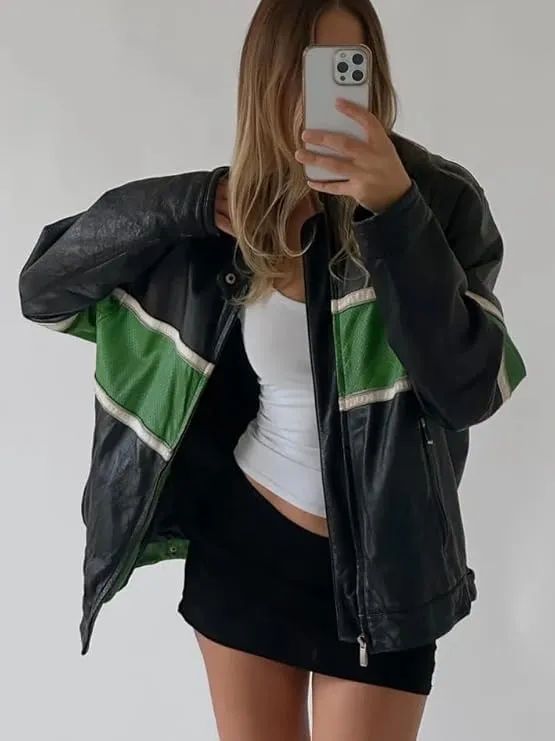 Zaine Enterprises Womens Fashion 90'S Ultra Vintage Oversized Stripe Biker Rider Moto Genuine Leather Bomber Jacket