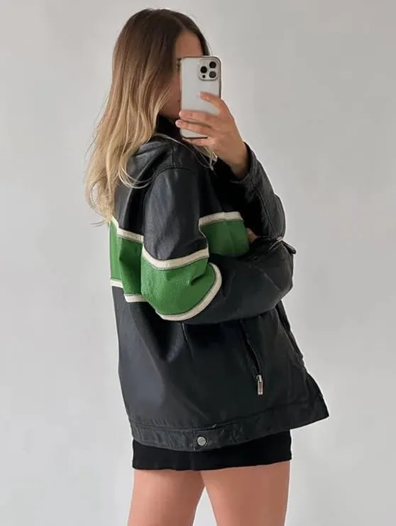 Zaine Enterprises Womens Fashion 90'S Ultra Vintage Oversized Stripe Biker Rider Moto Genuine Leather Bomber Jacket