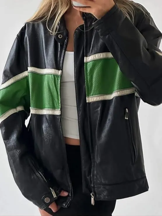 Zaine Enterprises Womens Fashion 90'S Ultra Vintage Oversized Stripe Biker Rider Moto Genuine Leather Bomber Jacket