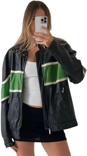 Zaine Enterprises Womens Fashion 90'S Ultra Vintage Oversized Stripe Biker Rider Moto Genuine Leather Bomber Jacket
