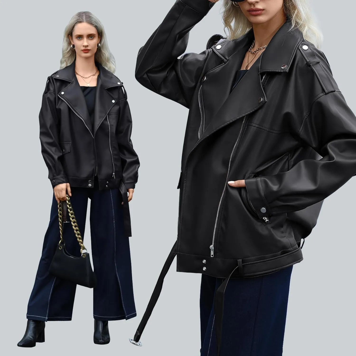Zando Leather Jacket Women Oversized Motorcycle Biker Jacket Women Outfits Clothes for Women Bomber Jacket Faux Fall Fashion