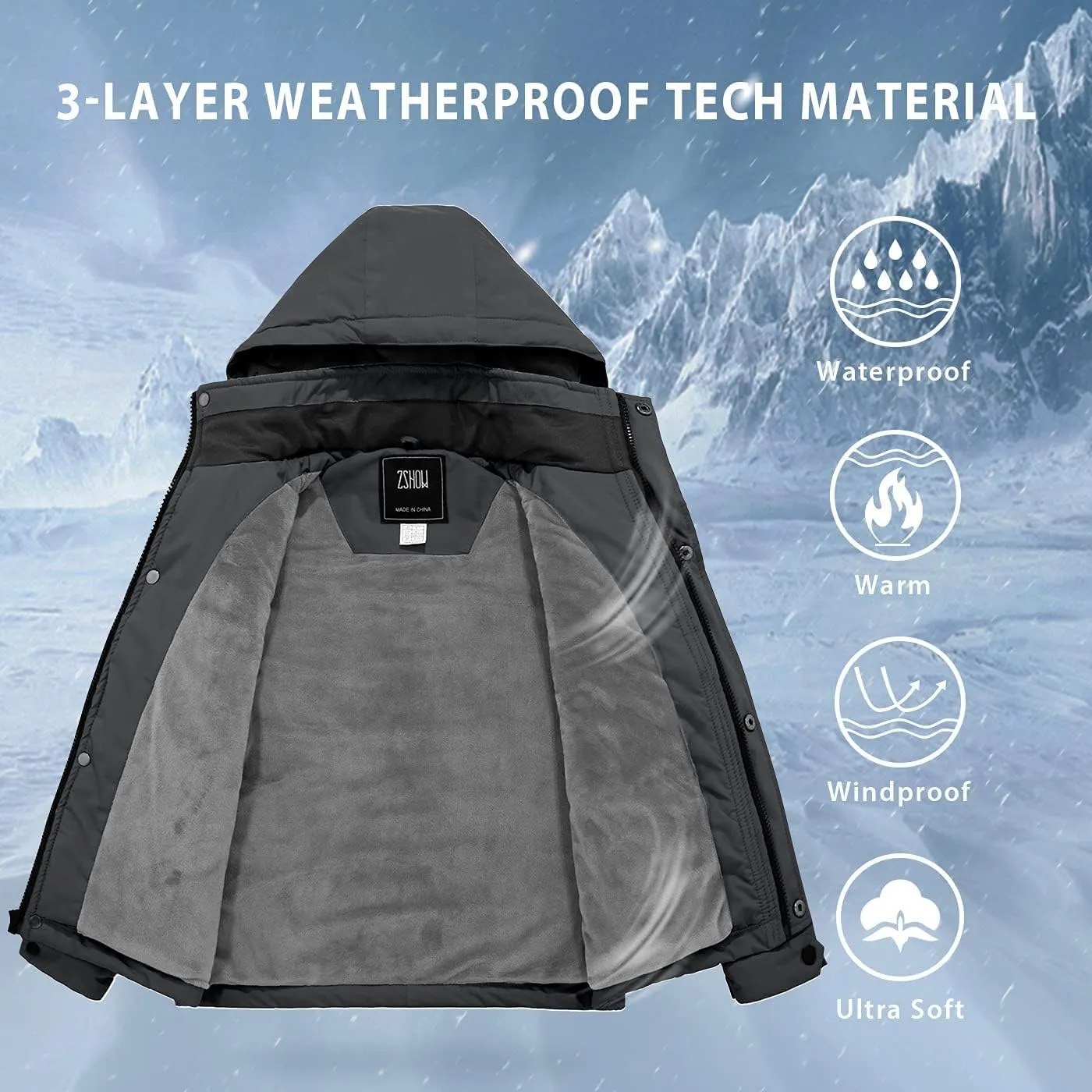ZSHOW Boys' Waterproof Ski Jacket Hooded Fleece Lined Raincoat Warm Winter Coat