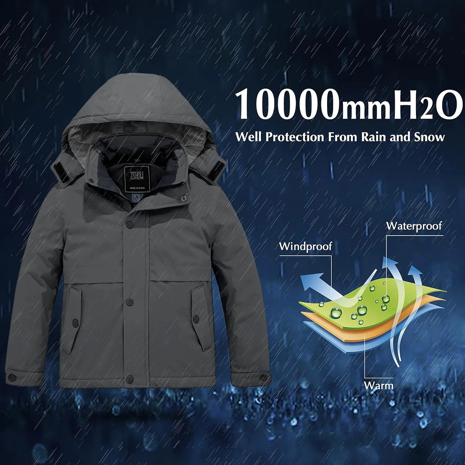 ZSHOW Boys' Waterproof Ski Jacket Hooded Fleece Lined Raincoat Warm Winter Coat
