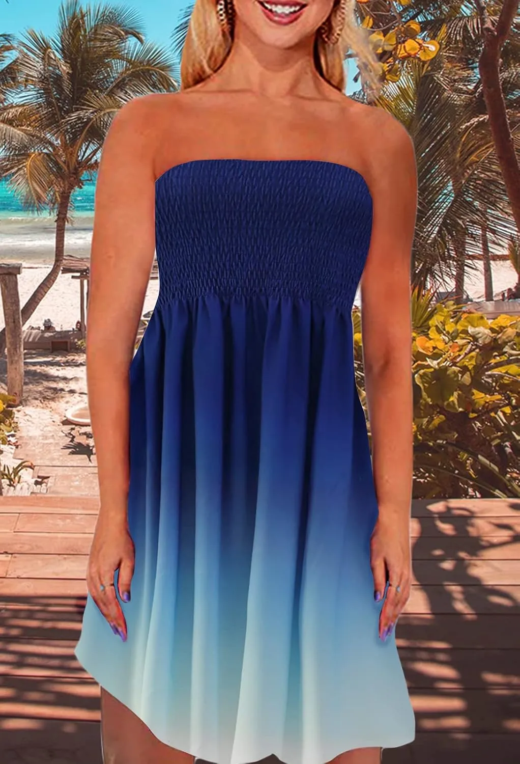 Zyyfly Strapless Dress for Women Summer Beach Boho Smocked Tube Top Dress