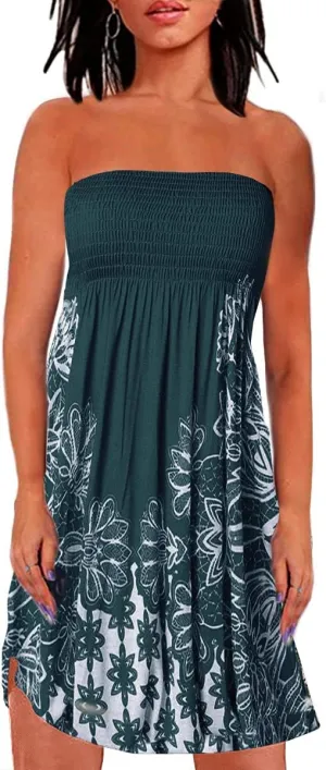 Zyyfly Strapless Dress for Women Summer Beach Boho Smocked Tube Top Dress