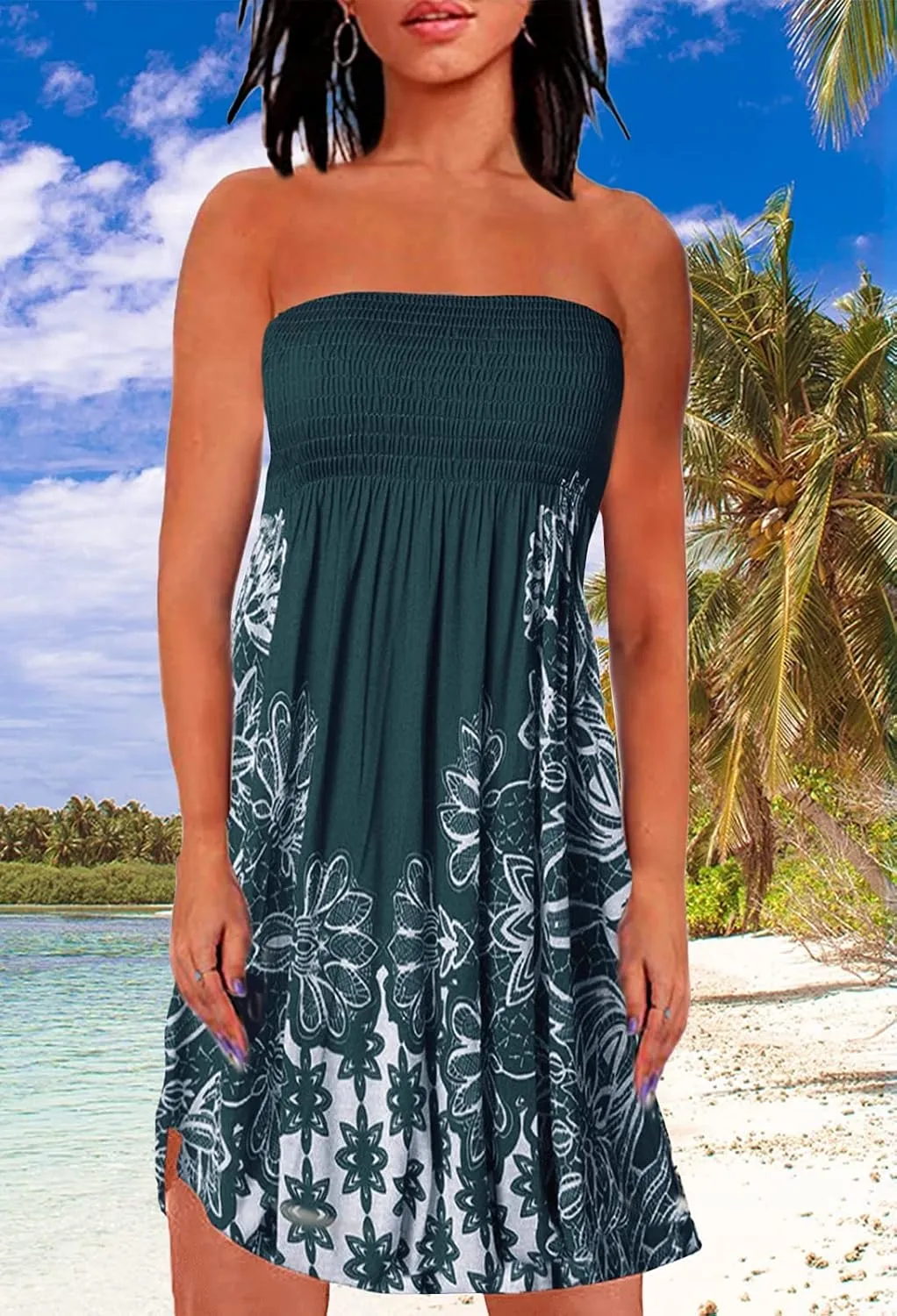 Zyyfly Strapless Dress for Women Summer Beach Boho Smocked Tube Top Dress