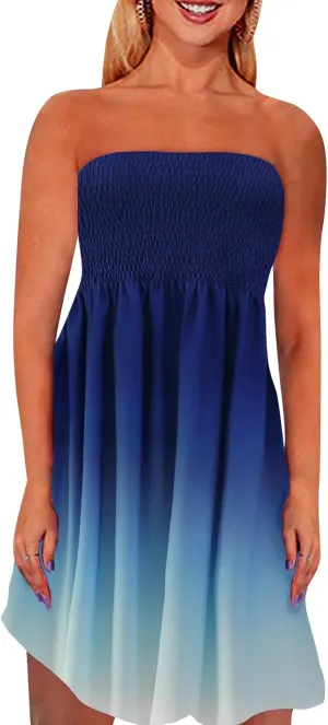 Zyyfly Strapless Dress for Women Summer Beach Boho Smocked Tube Top Dress